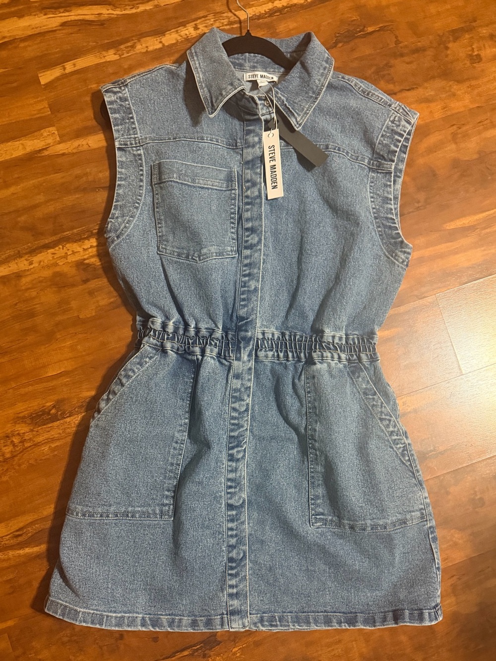 Steve Madden Washed Denim Sleeveless Shirt Dress in Light Blue